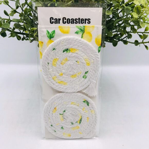 Rope Car Coasters Boho Yellow Lemonade One Set of 2 For Car Cup Holders - Picture 1 of 4